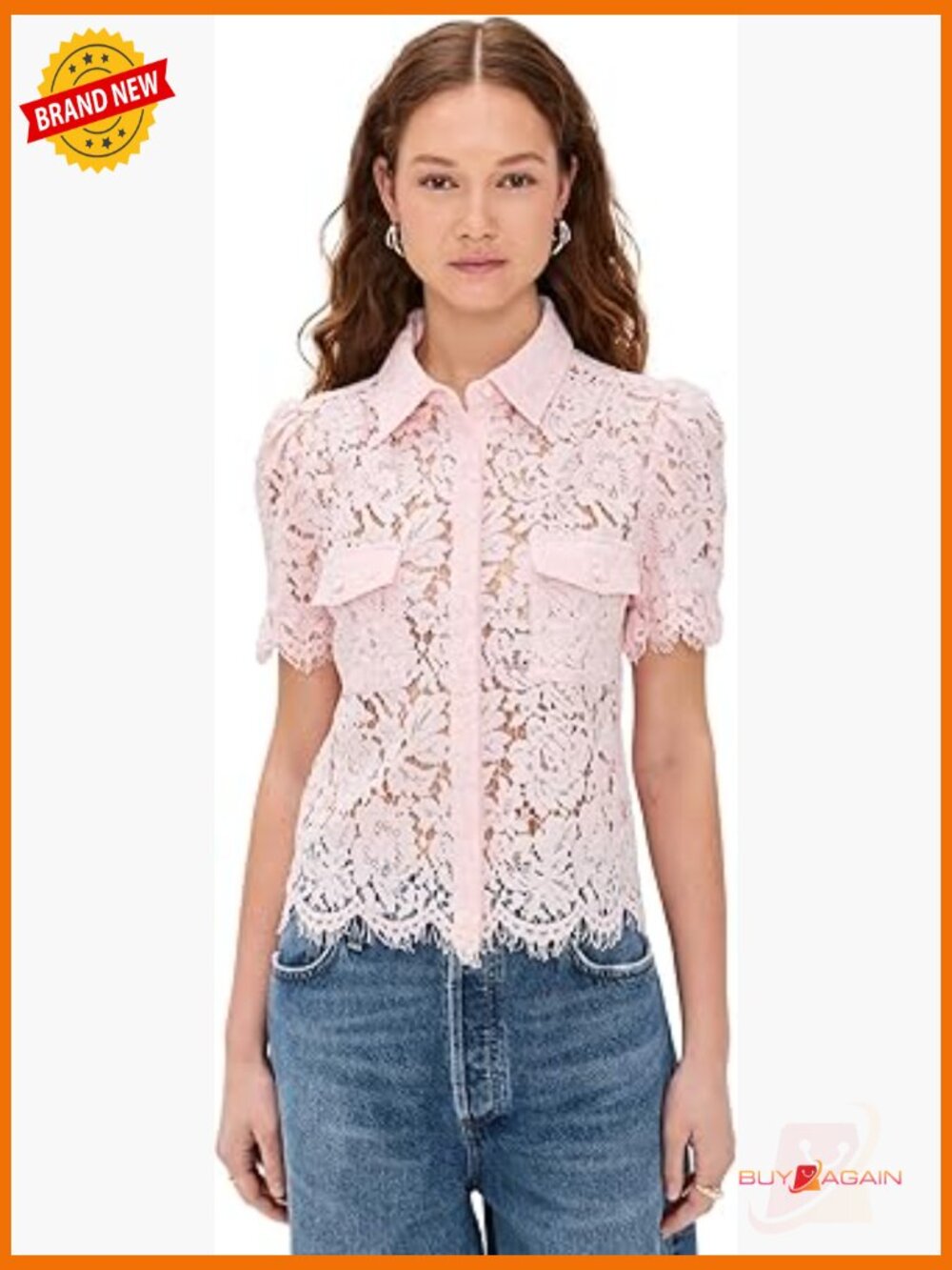 Slim Fit Lace Blouse With Puff Sleeves Floral Pattern Button Down